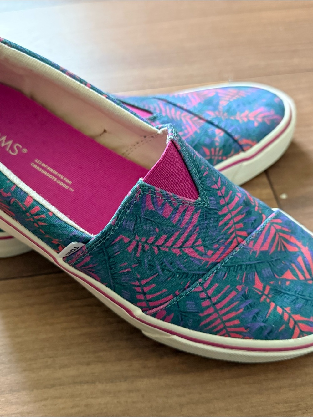 Toms Teal Canvas Mules with Pink Leaf Print